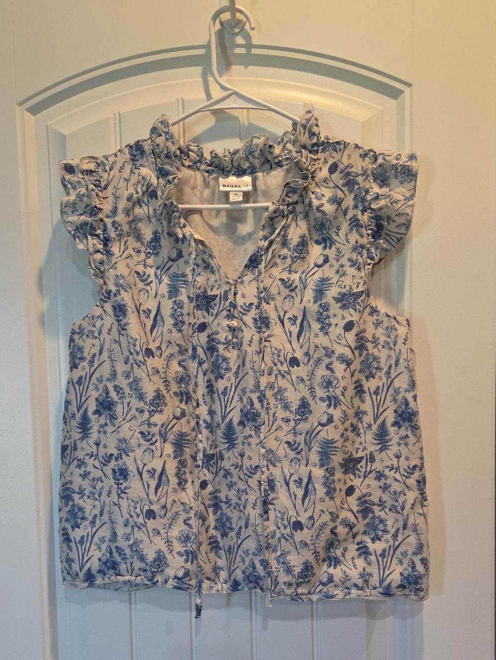 Bailey 44 Blue Floral Ruffle Neck Shell